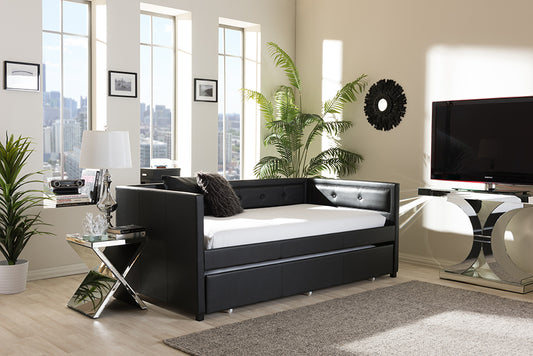 Baxton Studio Frank Modern and Contemporary Black Faux Leather Button-Tufting Sofa Twin Daybed with Roll-Out Trundle Guest Bed | Modishstore | Beds