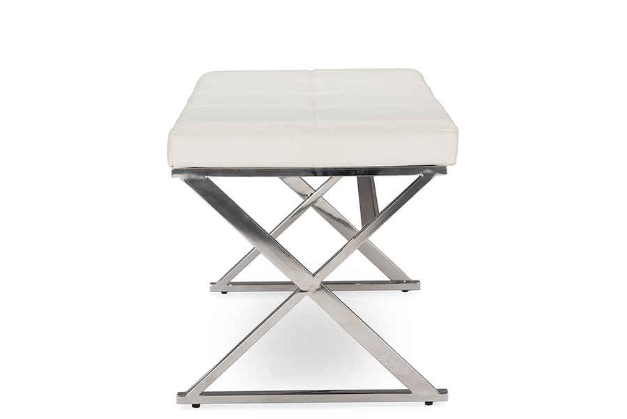 baxton studio herald modern and contemporary stainless steel and white faux leather upholstered rectangle bench | Modish Furniture Store-4