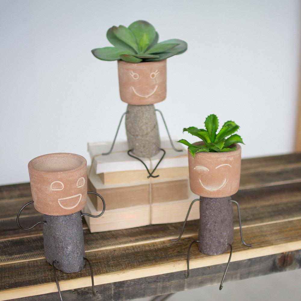 Kalalou Set Of 3 Clay & River Rock Pot Head Shelf Sitters | Modishstore | Planters, Troughs & Cachepots