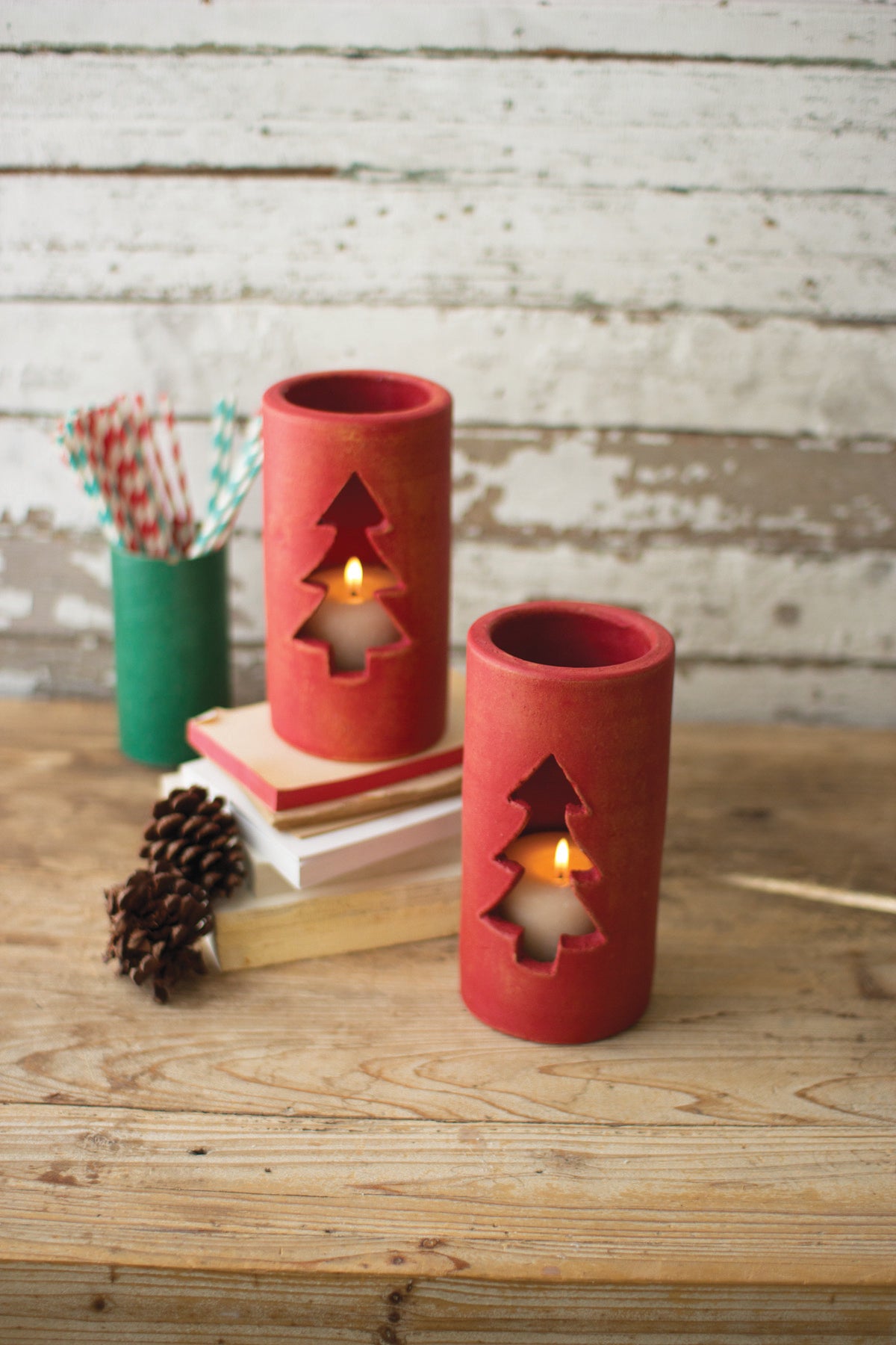 Kalalou Clay Christmas Tree Luminary - Red (Set of 6) | Modishstore | Holiday