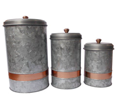 Galvanized Metal Lidded Canister With Copper Band, Set Of Three, Gray By Benzara