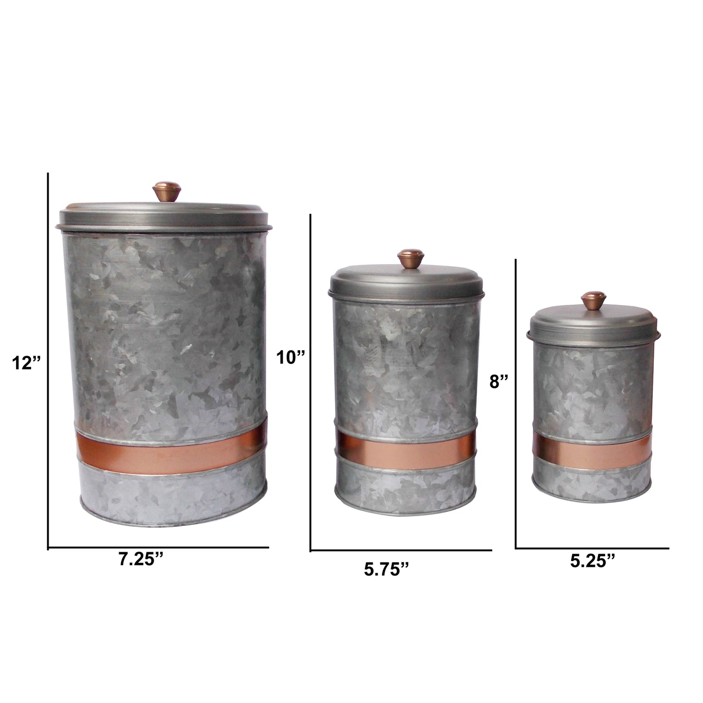 Galvanized Metal Lidded Canister With Copper Band, Set Of Three, Gray By Benzara | Jars & Canisters | Modishstore - 6