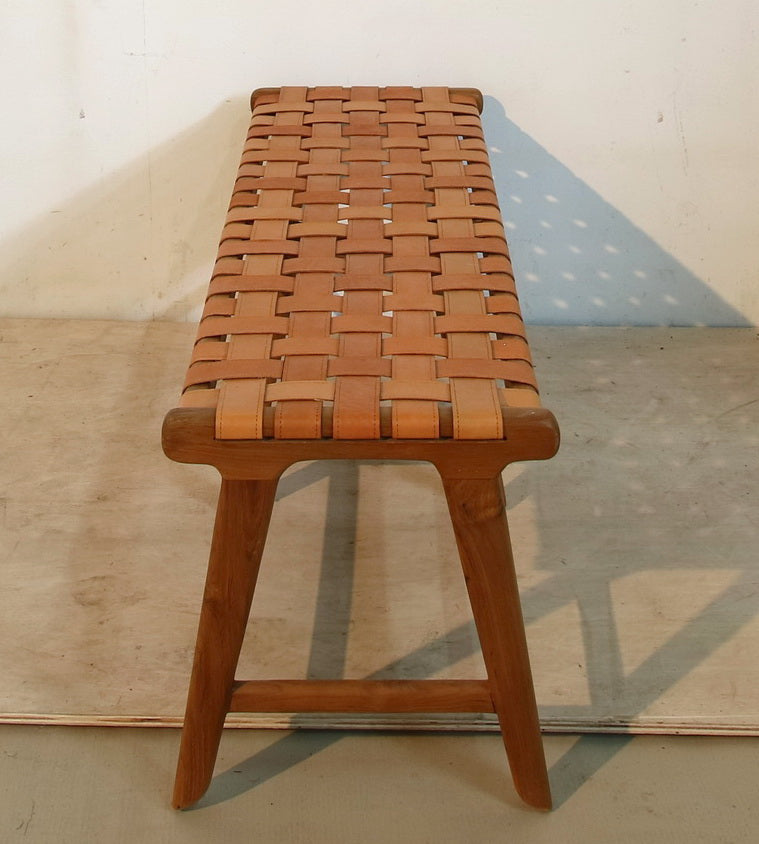 Leather Woven Bench - Marlboro Leather & Teak Bench 4.4 feet-Multipurpose Entryway, Dining Room, End of the Bed | Benches | Modishstore-5