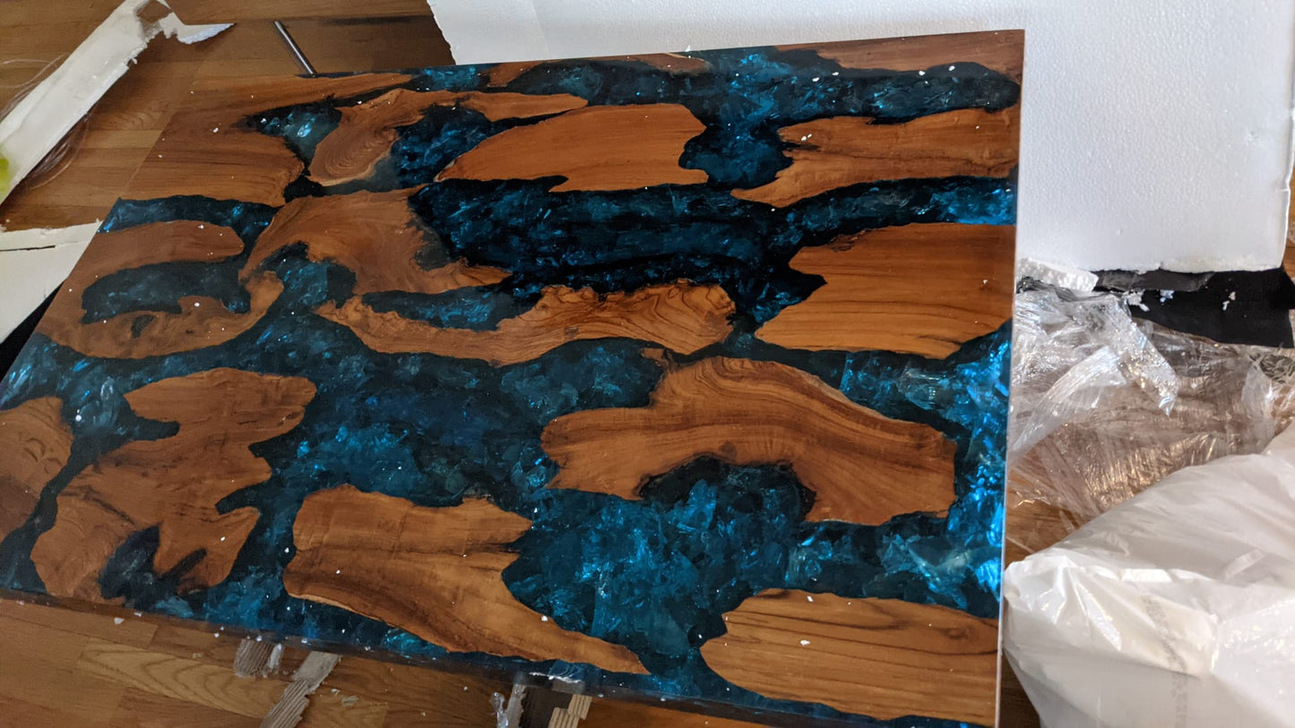 Teak & Blue Resin Inlaid Cracked Wood Coffee Table by Aire Furniture | Coffee Tables | Modishstore - 5