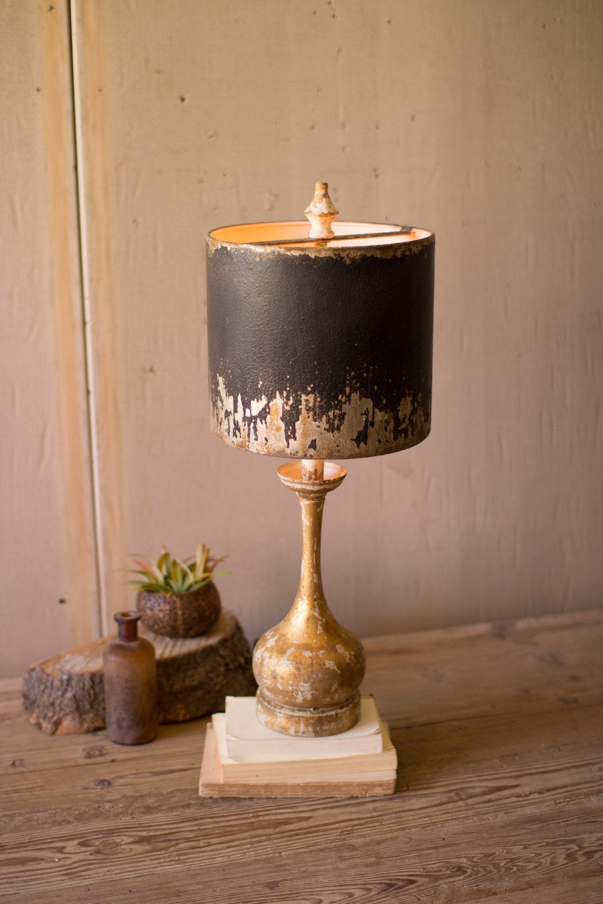 Kalalou Table Lamp - Round Wooden Base W Black & Gold Metal Shade