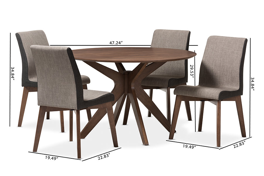 baxton studio kimberly mid century modern walnut wood round 5 piece dining set | Modish Furniture Store-7