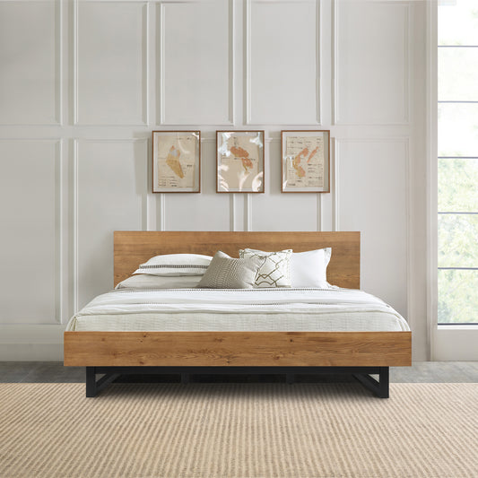 Aldo Queen Size Brown Oak Wood Platform Bed Frame with Black Metal Legs By Armen Living | Beds | Modishstore