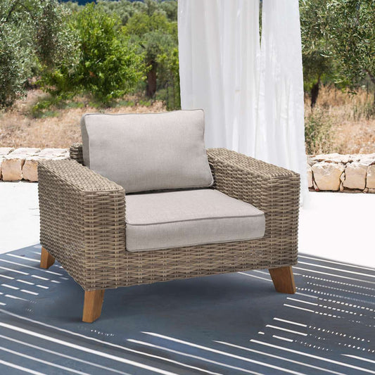 Bahamas Outdoor Wicker & Teak Wood Lounge Chair with Beige Olefin By Armen Living | Outdoor Chairs |  Modishstore 