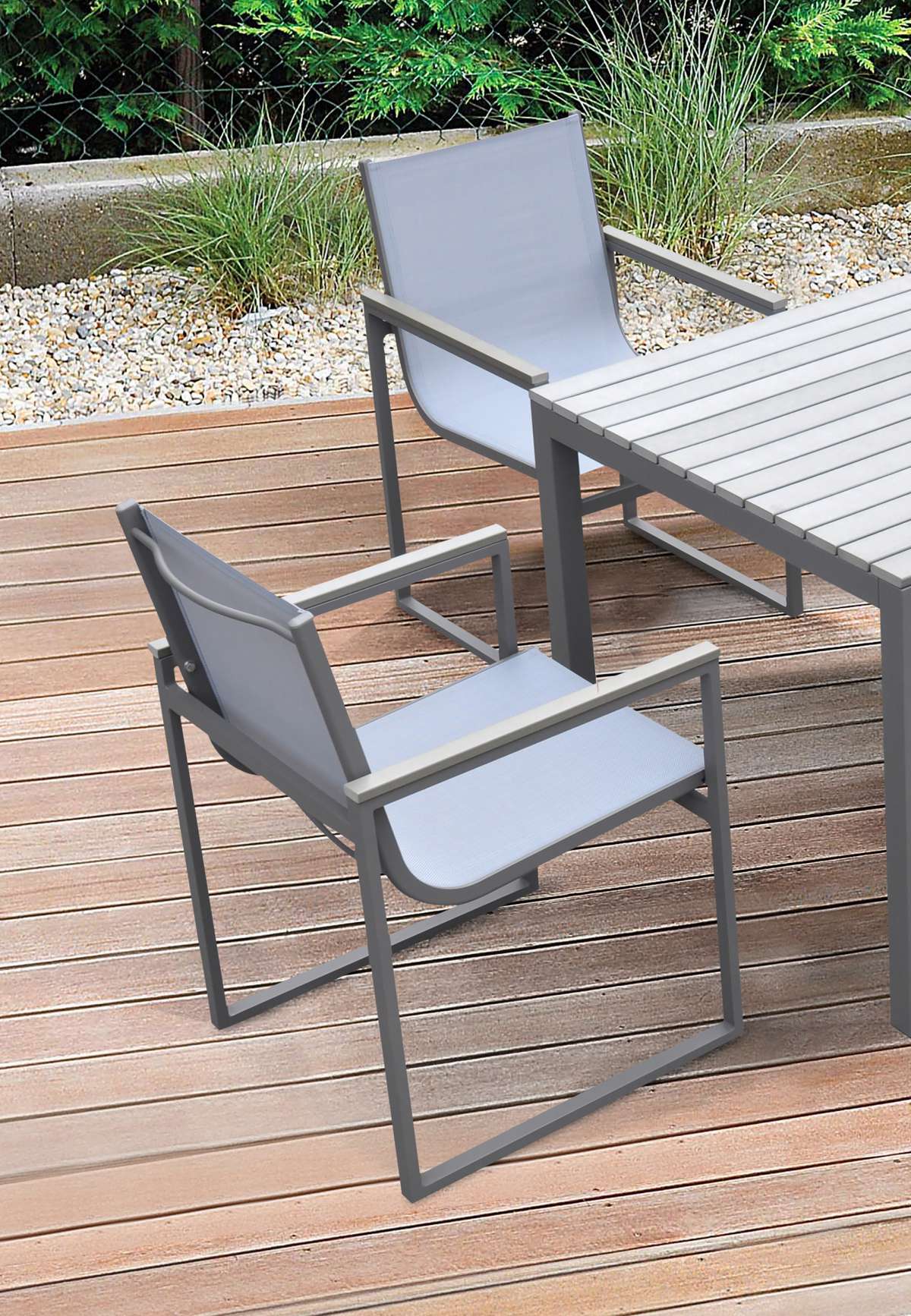 Bistro Outdoor Patio Dining Chair in Grey Powder Coated Finish with Grey Sling Textilene and Grey Wood Accent Arms  - Set of 2 By Armen Living | Outdoor Chairs |  Modishstore  - 5