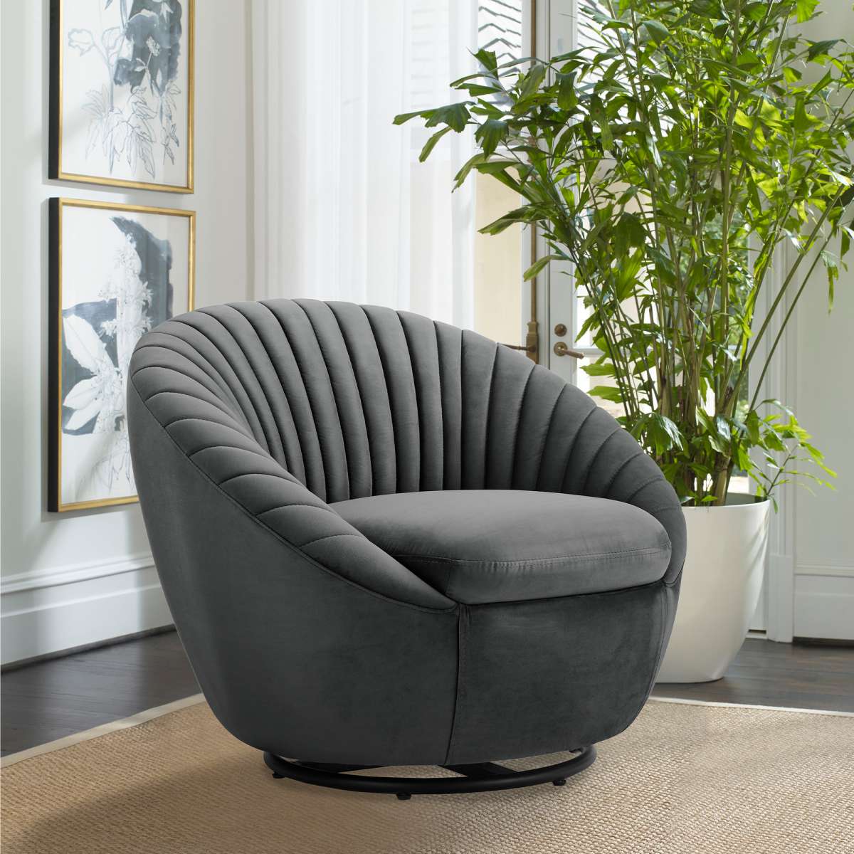 Bella Biege Velvet Swivel Accent Chair with Black Base By Armen Living | Accent Chairs | Modishstore - 14
