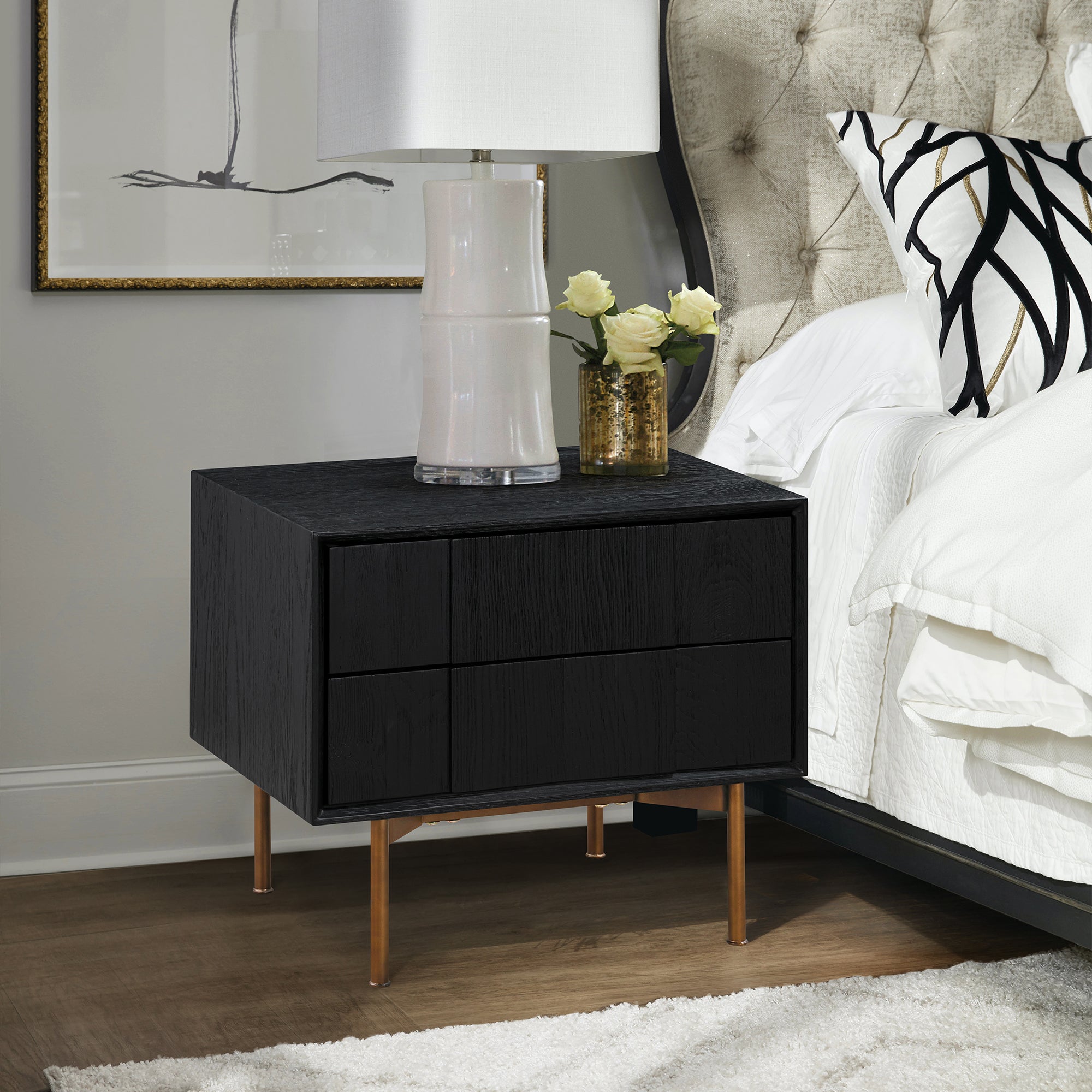 Carnaby 2 Drawer Nightstand in Black Brushed Oak and Bronze By