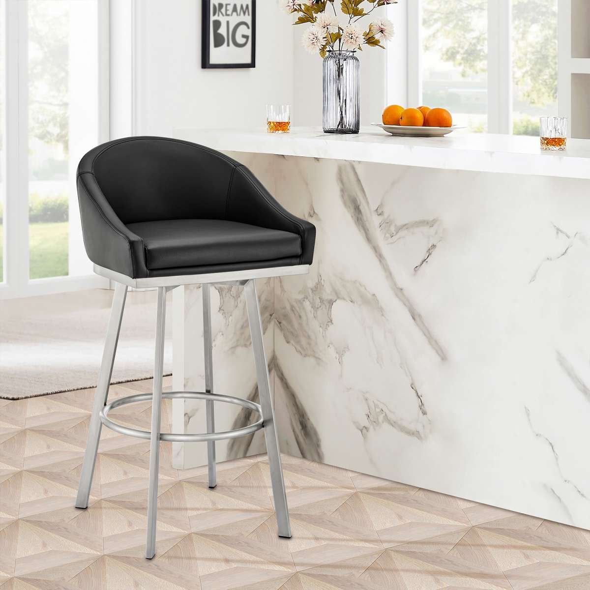 Eleanor 30" Swivel Bar Stool in Brushed Stainless Steel with Black Faux Leather By Armen Living | Bar Stools | Modishstore