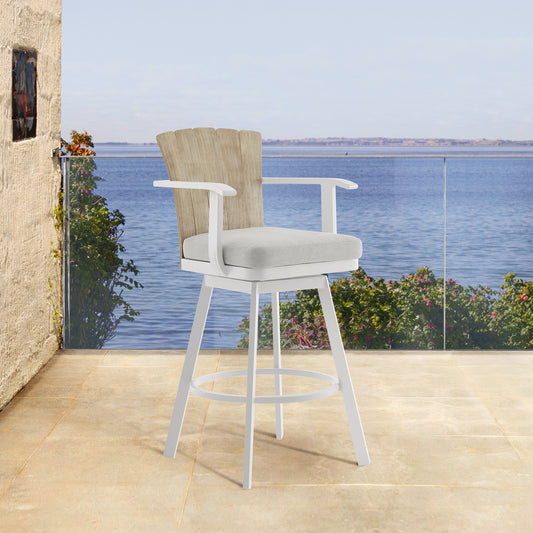 Hazel Outdoor Patio Swivel Bar Stool in Aluminum with Teak Wood and Argent Gray Cushions By Armen Living | Bar Stools | Modishstore