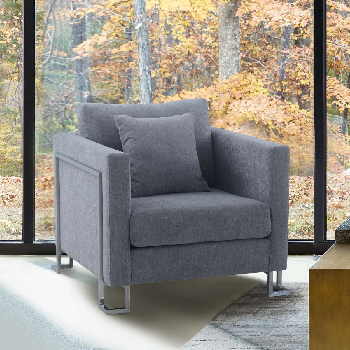 Heritage Blue Fabric Upholstered Accent Chair with Brushed Stainless Steel Legs By Armen Living | Sofas | Modishstore - 4