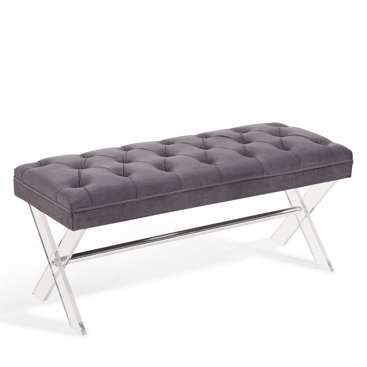 Joanna Ottoman Bench in Gray Tufted Velvet with Crystal Buttons and Acrylic Legs By Armen Living | Benches | Modishstore - 2