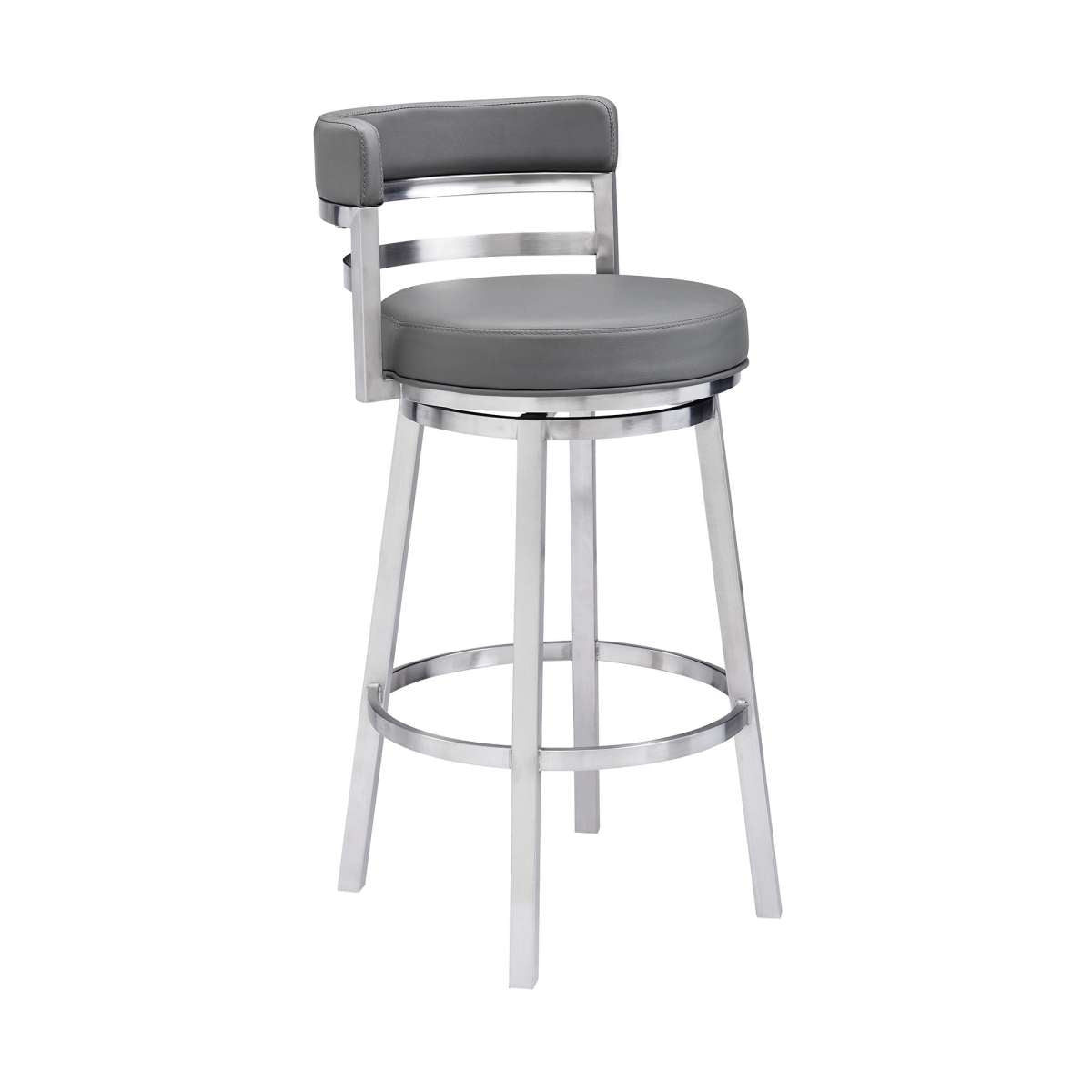 Madrid 26" Counter Height Swivel Grey Faux Leather and Brushed Stainless Steel Bar Stool By Armen Living | Bar Stools |  Modishstore  - 2