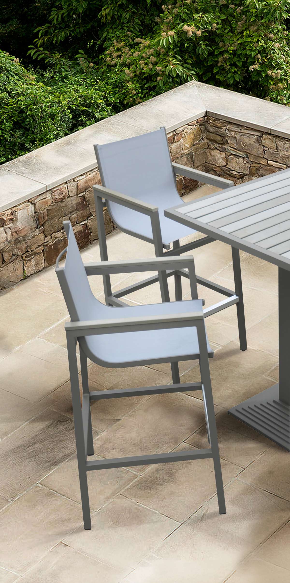 Marina Outdoor Patio Barstool in Grey Powder Coated Finish with Grey Sling Textilene and Grey Wood Accent Arms By Armen Living | Bar Stools | Modishstore - 7