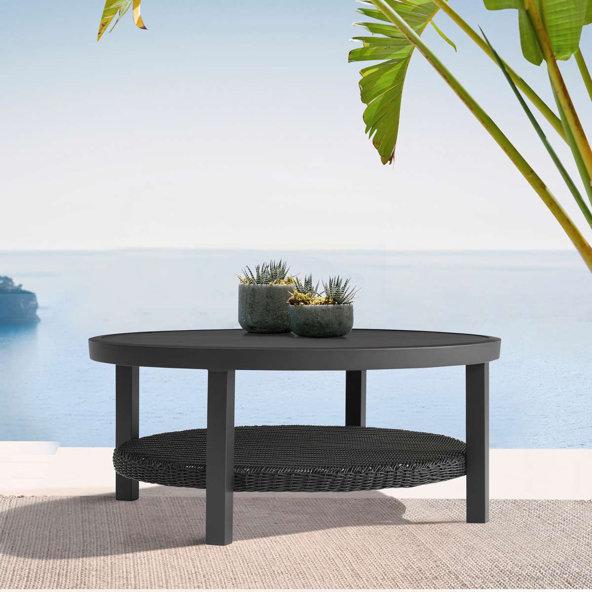 Cayman Black Aluminum Outdoor Round Conversation Table with Wicker Shelf By Armen Living | Outdoor Tables | Modishstore - 7