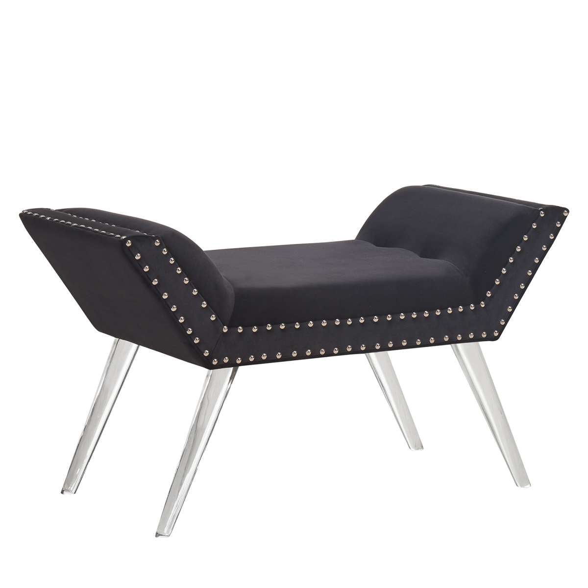 Silas Ottoman Bench in Black Tufted Velvet with Nailhead Trim and Acrylic Legs By Armen Living | Benches | Modishstore - 2