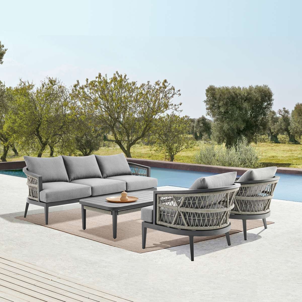 Zella Outdoor Patio Sofa in Aluminum with Light Gray Rope and Earl Gray Cushions By Armen Living | Outdoor Sofas, Loveseats & Sectionals | Modishstore - 2