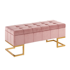 LumiSource Midas Storage Bench Gold Steel, Pink Velvet and white velvet with Gold Metal Legs two seater Stylish Button-Tufted Velvet Upholstery