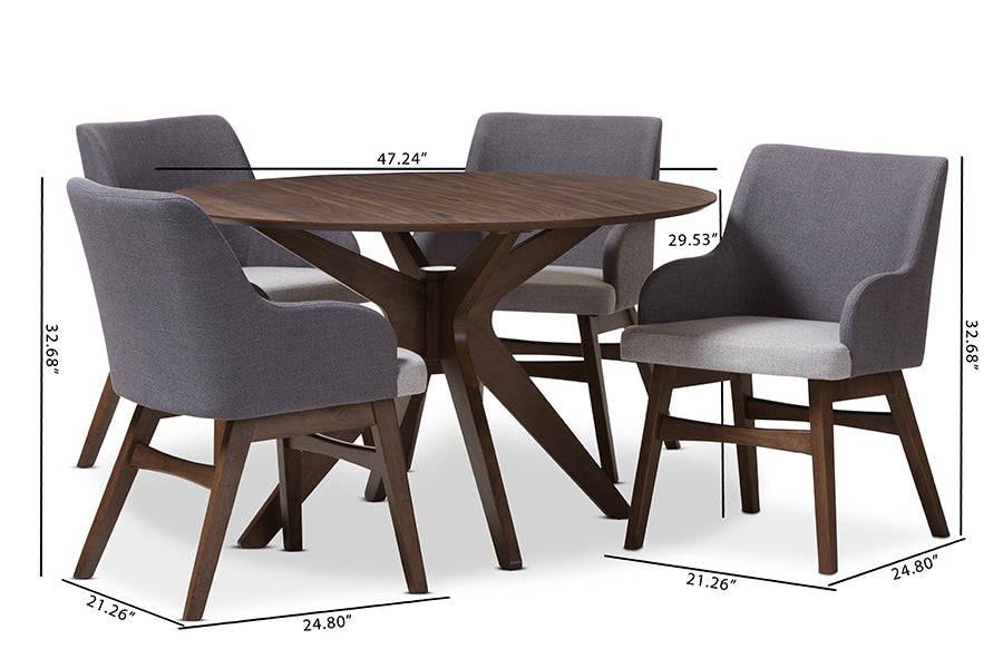baxton studio monte mid century modern walnut wood round 5 piece dining set | Modish Furniture Store-7