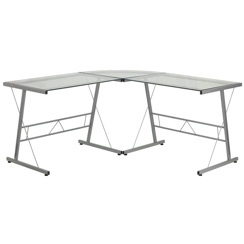 Glass L-Shape Corner Computer Desk with Silver Metal Frame | Desks | Modishstore - 13
