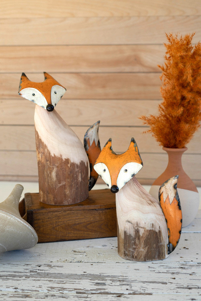Set Of Two Recycled Wood And Iron Foxes By Kalalou – Modish Store