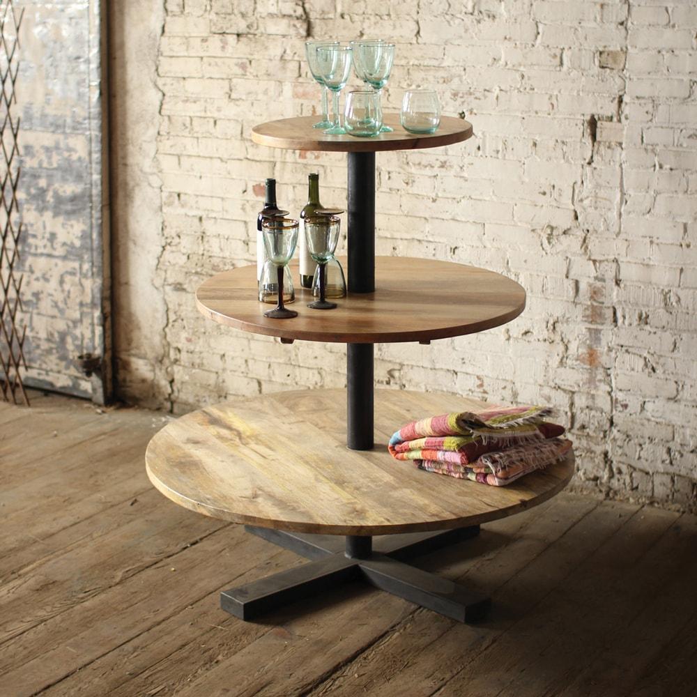 Kalalou Round Three Tiered Mango Wood And Iron Display Tower | Modishstore | Display Cases