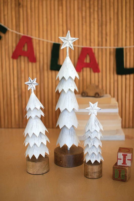 Set Of Three White Washed Metal Christmas Tree W Wood Bases By Kalalou | Christmas Trees | Modishstore