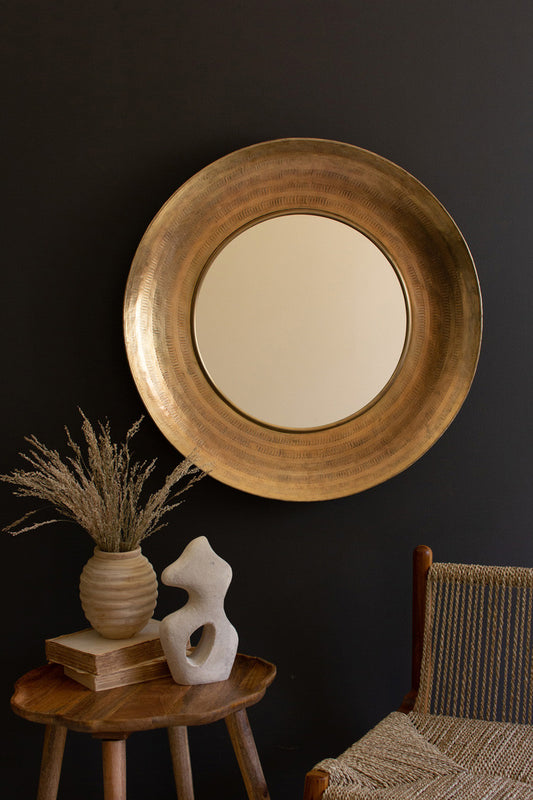 Round Hand Hammered Antique Brass Frame With Mirror By Kalalou | Mirrors | Modishstore