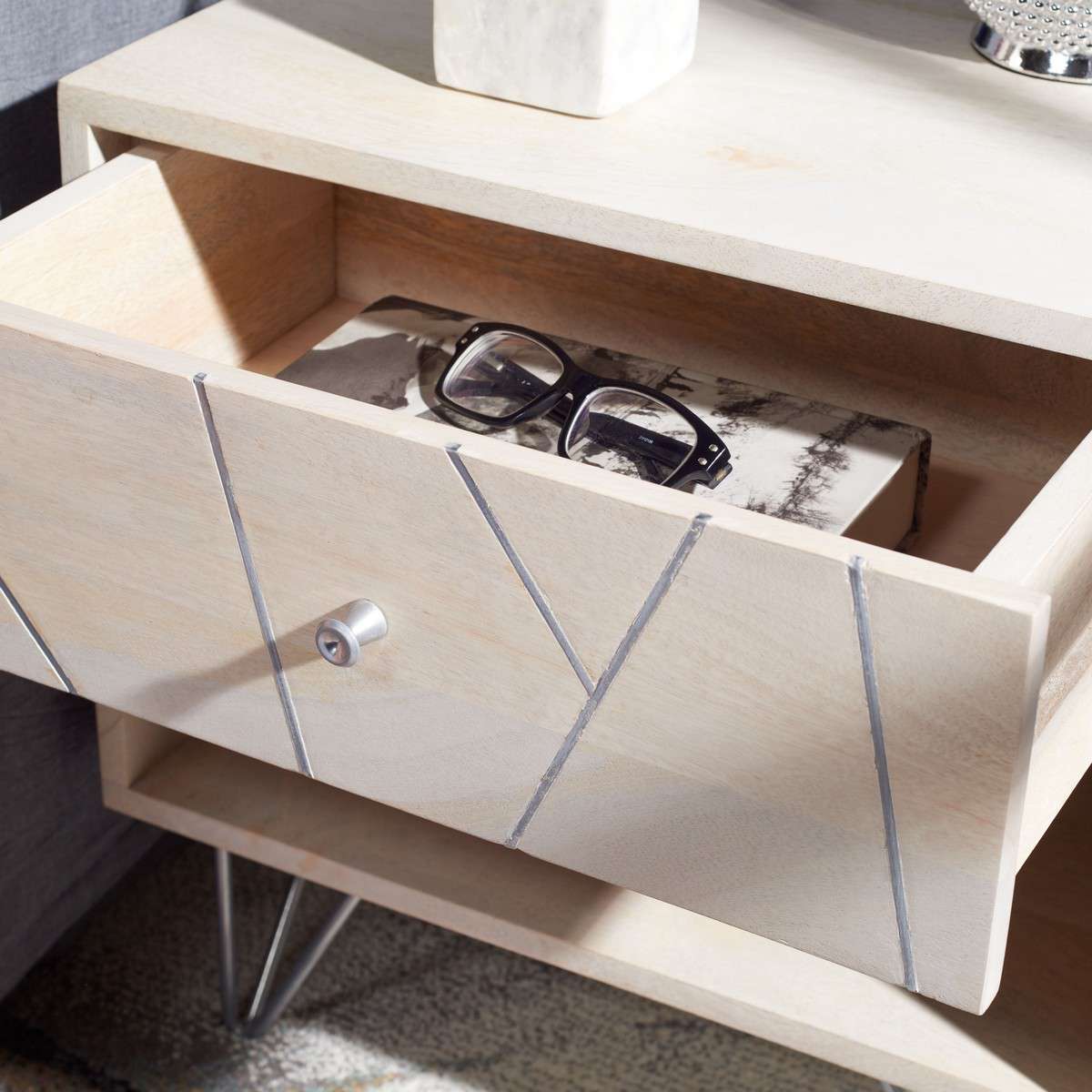 Safavieh Marigold Nightstand - White Wash With Silver | Nightstands | Modishstore - 4