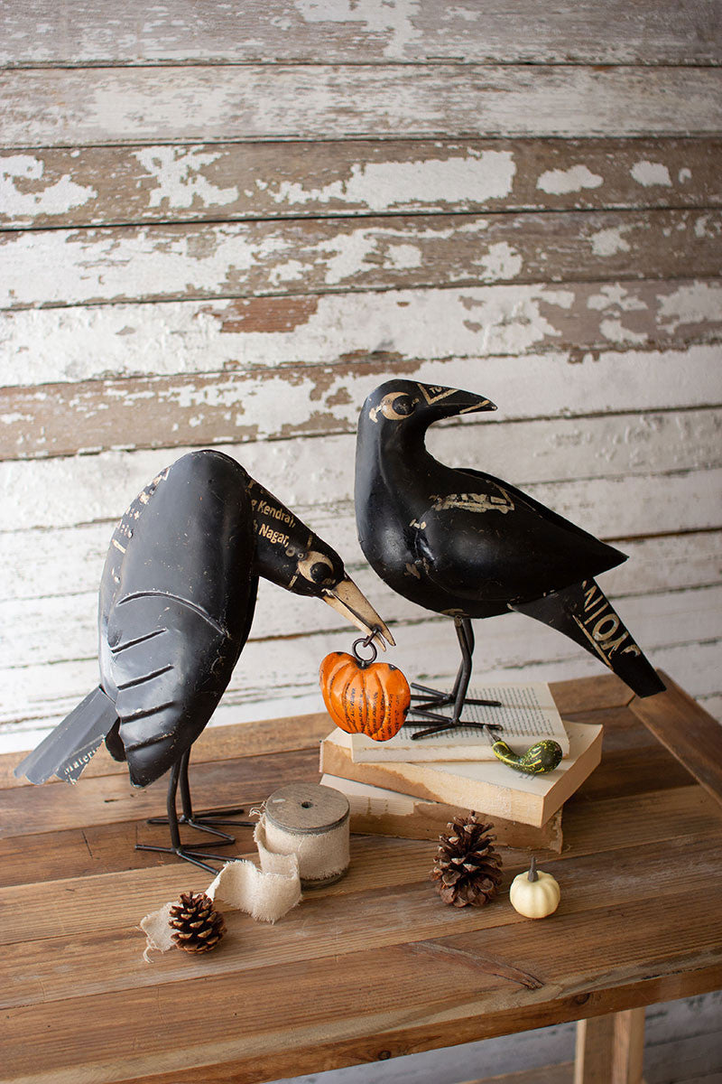 Recycled Iron Crows Holding A Pumpkin S/2 By Kalalou-2