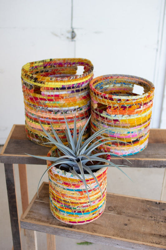 Recycled Kantha Hampers Set Of Three by Kalalou | Modishstore | Bins, Baskets & Buckets