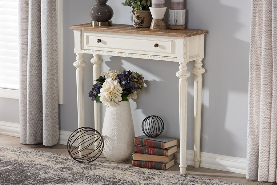 Baxton Studio Marquetterie French Provincial Style Weathered Oak and White Wash Distressed Finish Wood Two-Tone Console Table | Modishstore | Console Tables