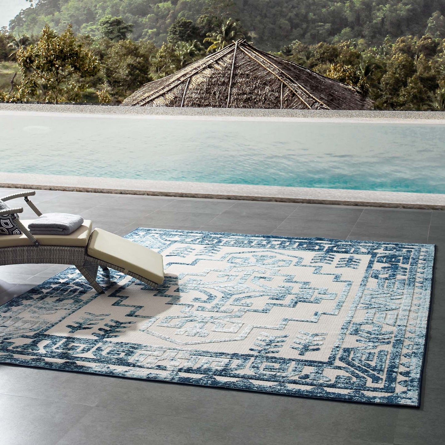 Modway Reflect Nyssa Distressed Geometric Southwestern Aztec 8x10 Indoor and Outdoor Area Rug Ivory and Blue - R-1181-810 | Rugs | Modishstore - 8