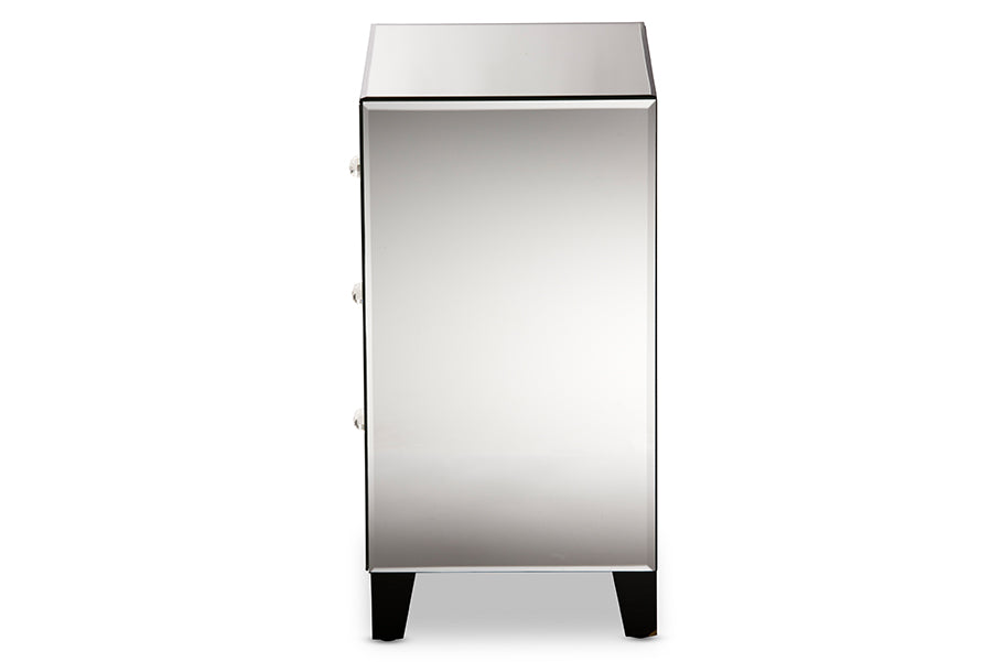 baxton studio chevron modern and contemporary hollywood regency glamour style mirrored 3 drawers nightstand bedside table | Modish Furniture Store-3