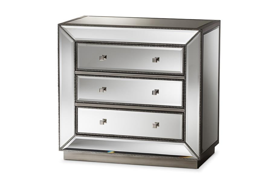 baxton studio edeline hollywood regency glamour style mirrored 3 drawer chest | Modish Furniture Store-2