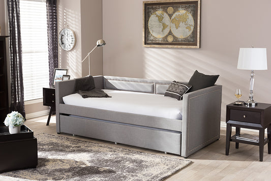Baxton Studio Raymond Modern and Contemporary Grey Fabric Nail Heads Trimmed Sofa Twin Daybed with Roll-Out Trundle Guest Bed | Modishstore | Beds