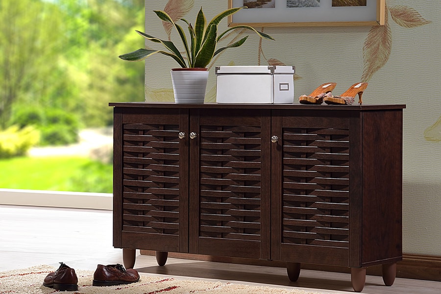baxton studio fernanda modern and contemporary 3 door oak brown wooden entryway shoes storage wide cabinet | Modish Furniture Store-10