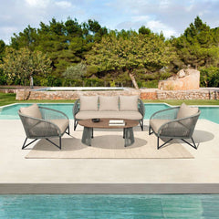 Benicia Outdoor Patio 4 Piece Conversation Set in Weathered Eucalyptus Wood and Metal with Gray Rope and Taupe Cushions By Armen Living
