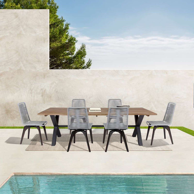 Glendora Island Outdoor Patio 7 Piece Live Edge Dining Set in Eucalyptus Wood and Silver Rope By Armen Living | Outdoor Dining Sets | Modishstore