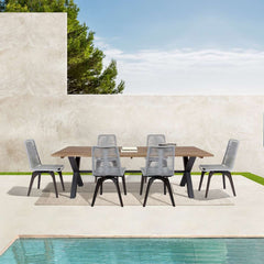 Glendora Island Outdoor Patio 7 Piece Live Edge Dining Set in Eucalyptus Wood and Silver Rope By Armen Living