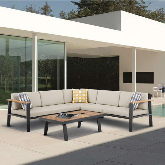 Nofi Outdoor Patio Sectional Set in Charcoal Finish with Taupe Cushions and Teak Wood  By Armen Living | Outdoor Sofas, Loveseats & Sectionals |  Modishstore 