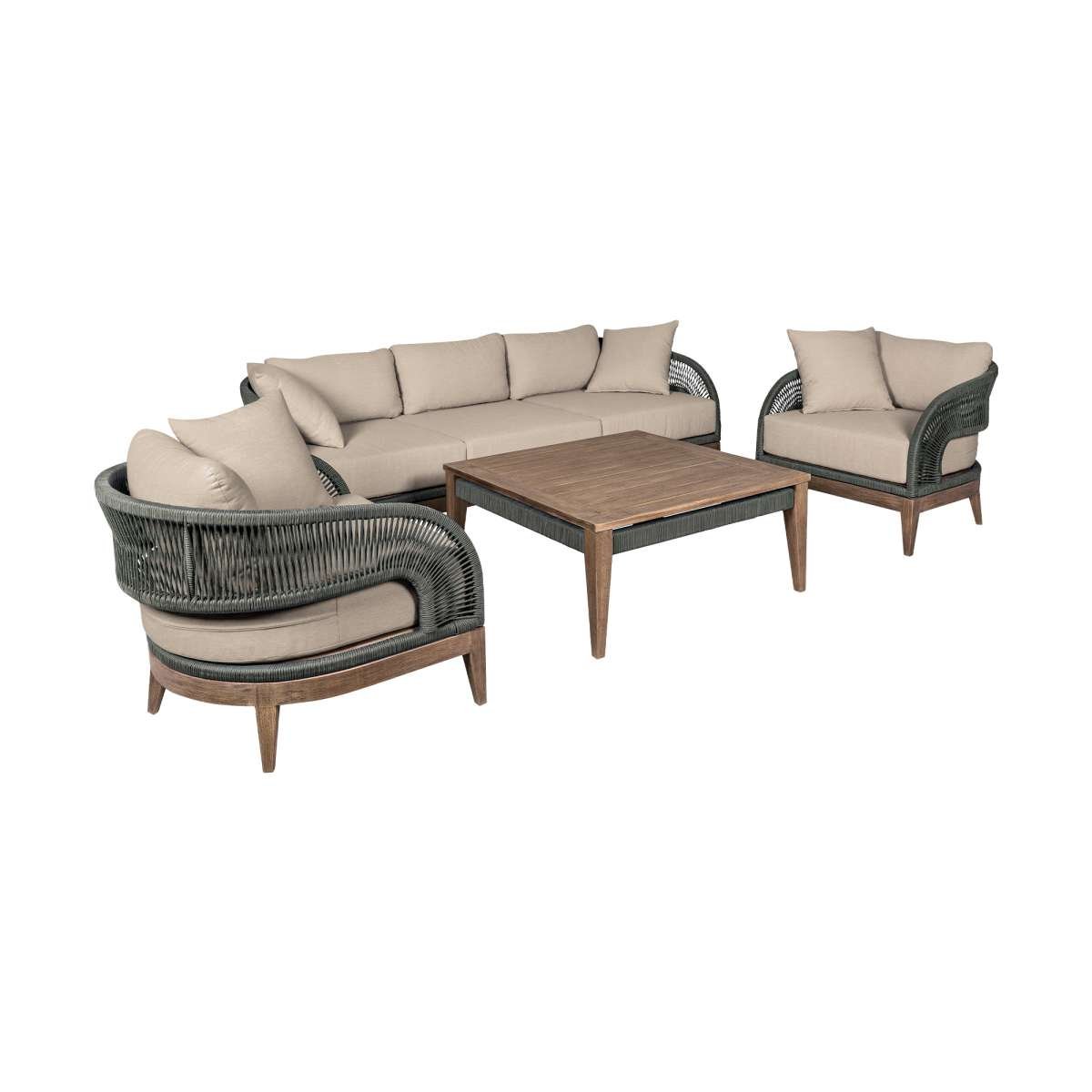 Orbit Outdoor Patio 4 Piece Conversation Set in Weathered Eucalyptus Wood with Gray Rope and Taupe Olefin Cushions By Armen Living | Outdoor Sofas, Loveseats & Sectionals | Modishstore - 2