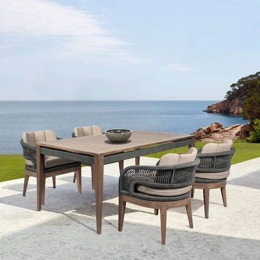 Orbit Outdoor Patio 5 Piece Dining Set in Weathered Eucalyptus Wood with Gray Rope and Taupe Olefin Cushions By Armen Living | Outdoor Dining Sets | Modishstore