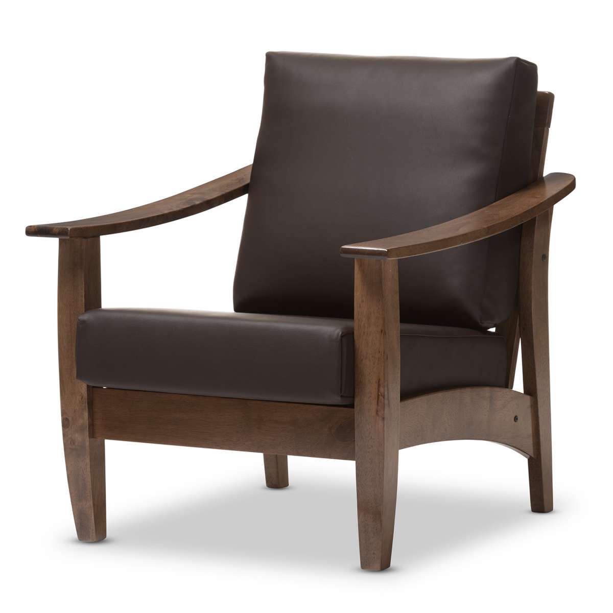 Baxton Studio Pierce Mid-Century Modern Walnut Brown Wood and Dark Brown Faux Leather 1-Seater Lounge Chair | Lounge Chairs | Modishstore - 2