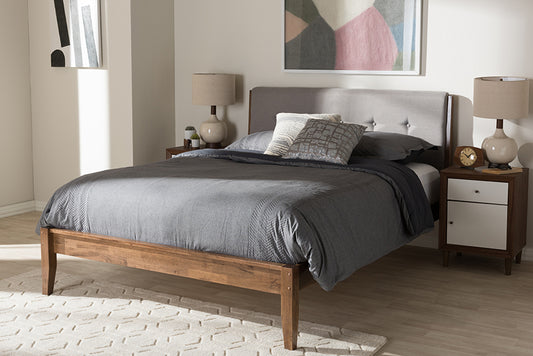 Baxton Studio Leyton Mid-Century Light Grey Fabric and Medium Brown Finish Wood Queen Size Platform Bed | Modishstore | Beds