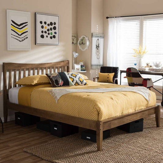 Baxton Studio Edeline Mid-Century Modern Solid Walnut Wood Curvaceous Slatted Queen Size Platform Bed | Beds | Modishstore