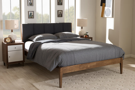 Baxton Studio Ember Mid-Century Dark Grey Fabric and Medium Brown Finish Wood Queen Size Platform Bed | Modishstore | Beds